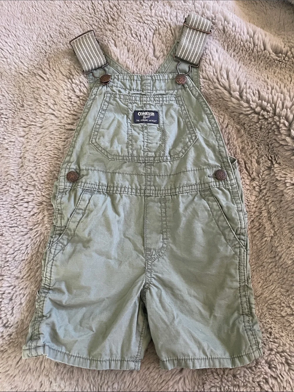 OshKosh B'gosh Sage Green Short Overalls with Striped Straps